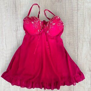 CACIQUE Red Sheer Ruffle Chemise Embroidered Underwire Bra 1X Plus 14/16